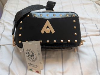 Valentino Orlandi Black Studded patent leather Logo Crossbody Bag PURSE