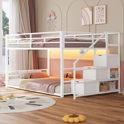 Low Bunk Bed Twin Over Twin with Stairs, Storage Drawers & Shelves, RGB LED Lights Metal Floor Bunk with Power Outlet, Full-Length Guardrail & Metal S