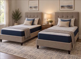 🌟Free delivery! 2 Brand New Gray Twin Size Upholstered Bedframes + Mattresses