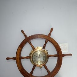 36" Dia Captain's Ship wheel Wall Mount brass Quartz Clock Lacquered wood