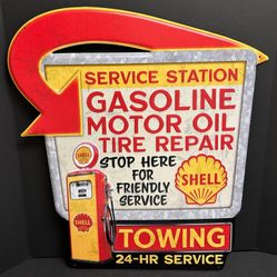 SHELL GAS TOWING EMBOSSED METAL SIGN 