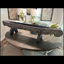 Decorative Handcrafted wooden Carved Bowl From Indonesia. Perfect for a mantle. Large: 4’ long 10” high 