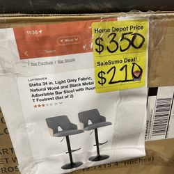 SaleSumo Stella 34 in. Light Grey Fabric, Natural Wood and Black Metal Adjustable Bar Stool with Roun