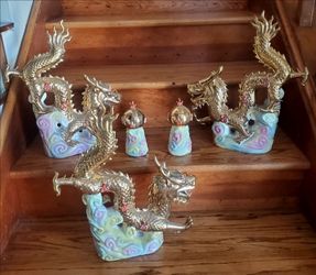 Rare 17" Tall Vintage Ceramic Gold Feng Shui Dragon 5-Piece Set