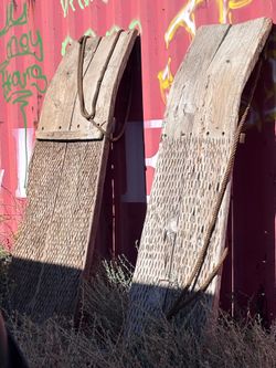 Vintage Big Wooden Threshing Sledges Pair