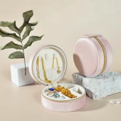 New Round Pink Travel Jewelry Box Organizing Case