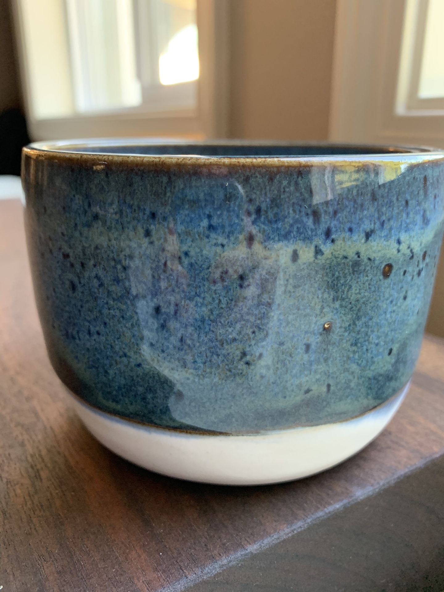 Unique handmade ceramic speckled blue and white plant pot
