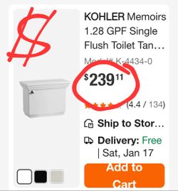 $40 KOHLER
Memoirs 1.28 GPF
Single Flush Toilet
TANK ONLY  with
AquaPiston Flush