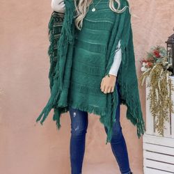 ANDTHEWAY| Women’s Fringe Trim Knit Poncho Green One Size – Soft Pullover Sweater Wrap, Chic Fall Layer  