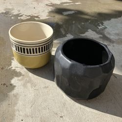 Two Ceramic Pots/ Planters; Black And Yellow