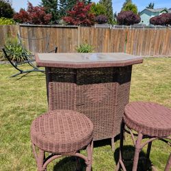 Tiki Bar  Outdoor Metal Frame Bar With 2 Tall Stools *SALE PENDING*