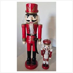 Vintage Wooden Christmas Nutcracker Set (Large 14" Soldier & Small 7" King)