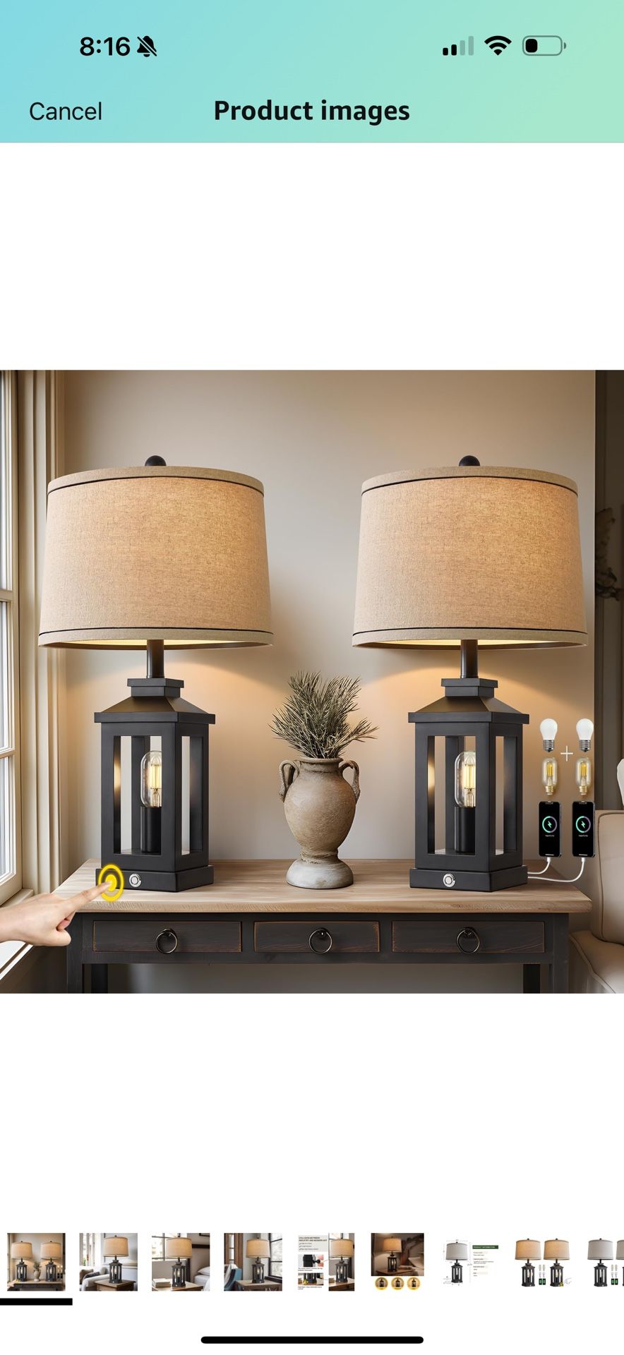 75" Retro Farmhouse Black Table Lamp for Living Room Bedroom Nightstand Set of 2 Touch Control Bedside Nightlight Vintage Modern Lamp with USB C+A Por