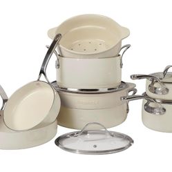 Bloomhouse 12 Piece Aluminum Pots and Pans Cookware Set w/Non-toxic Ceramic Non-stick, Ceramic Steamer Insert, & 12 Protective Care Bags - Oat White