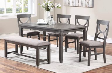 DINING ROOM SET TABLE, CHAIRS AND BENCH, GREY - [NEW]