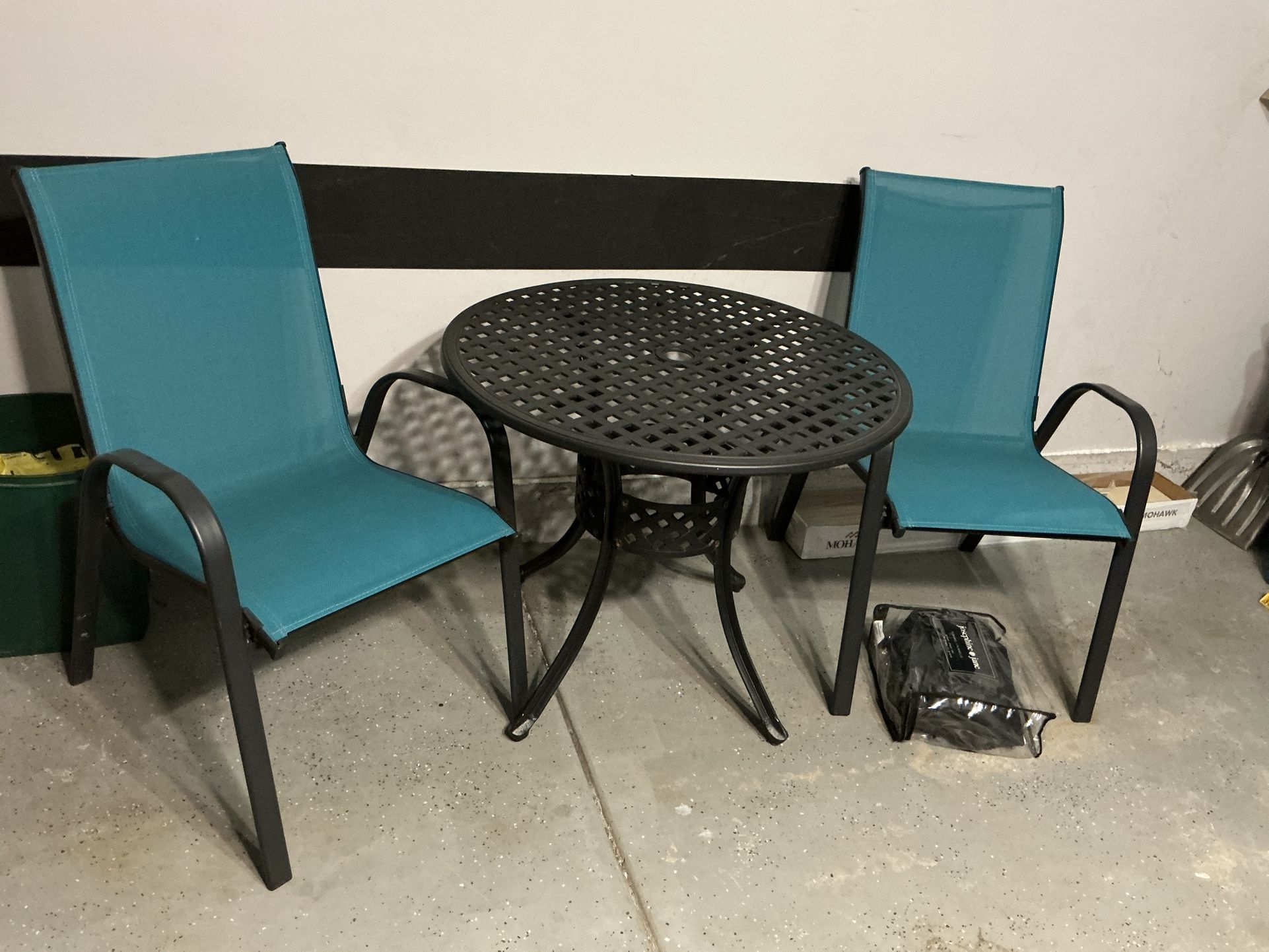 Table and Two Turquoise Blue Chairs Patio Set With Table Cover