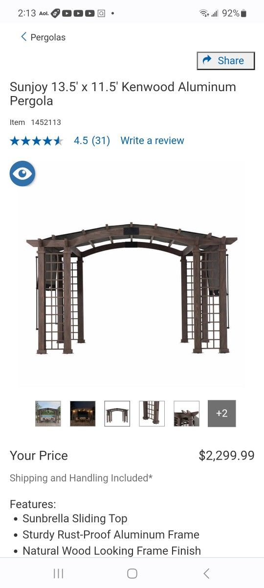 Sunjoy 13.5' x 11.5' Kenwood Aluminum Pergola $1,950