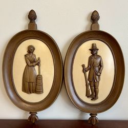 1960s SYROCO Wall Plaques Colonial Man & Woman