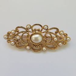 Vintage Bar Brooch Pin Faux Pearl Textured Gold tone Victorian Style Jewelry 