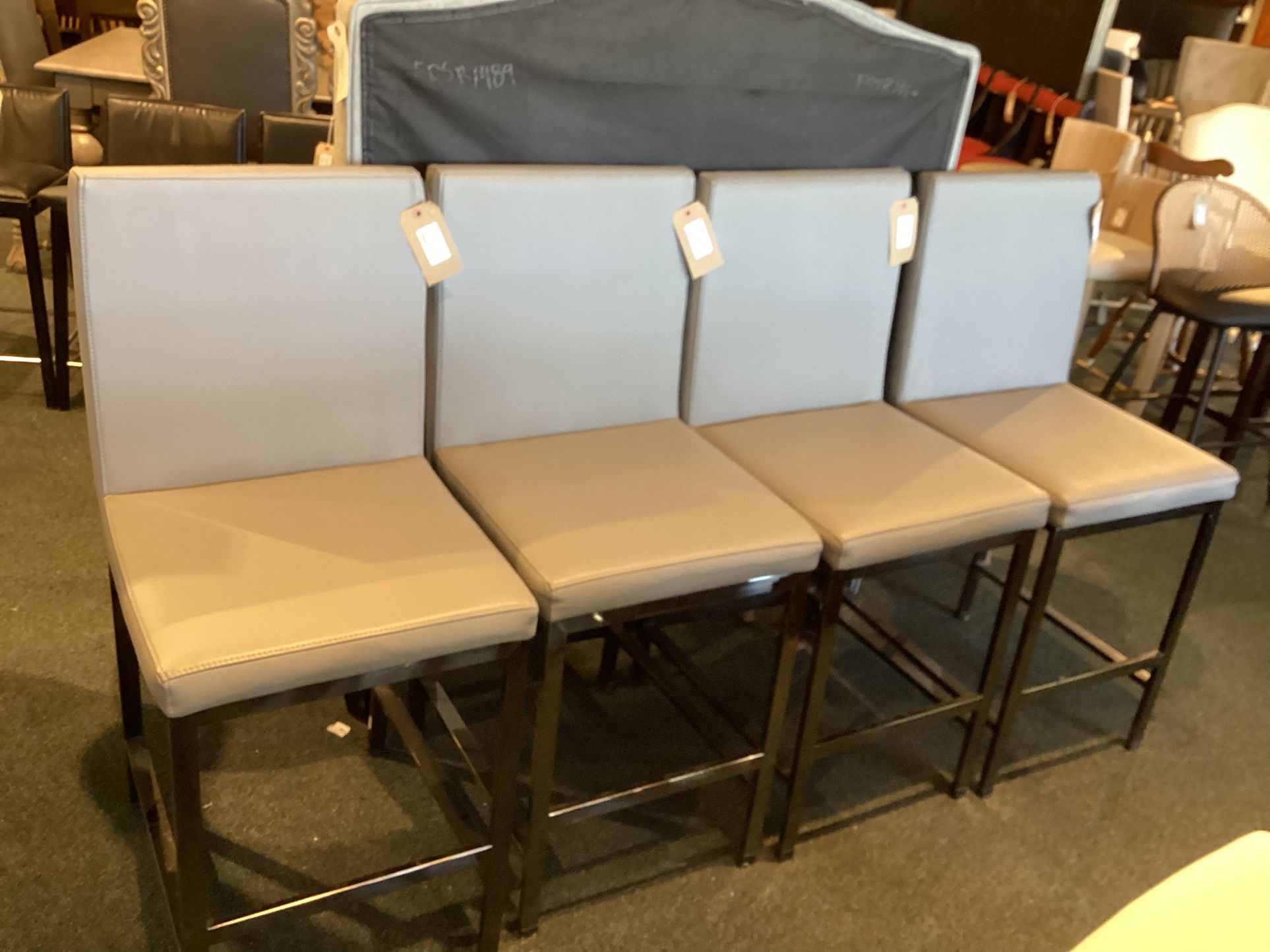 Set Of 2 Custom Made Grey Leather Stools W/ Chrome Base & Decorative Back SKU V598WJ