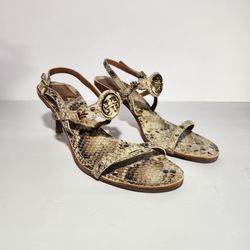 Tory Burch Beige/Black Python Embossed Ankle Strap kitten heel Sandals