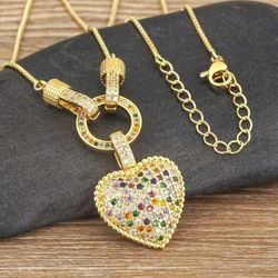 Exquisite Micro Pave Heart Shaped 14K Gold-Plated Multicolor Cubic Zirconia Pendant Necklace 
