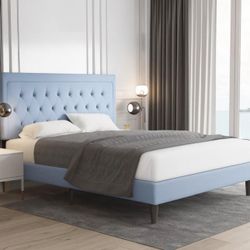 Light Blue King Bed Frame – Upholstered Headboard