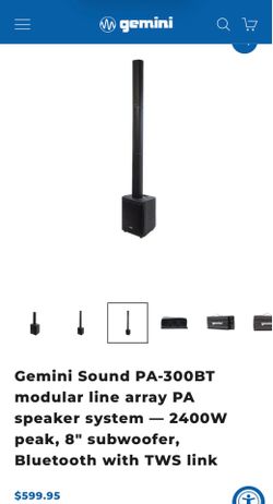 Gemini Sound PA-300BT modular line array PA speaker system — 2400W peak, 8" subwoofer, Bluetooth with TWS link
