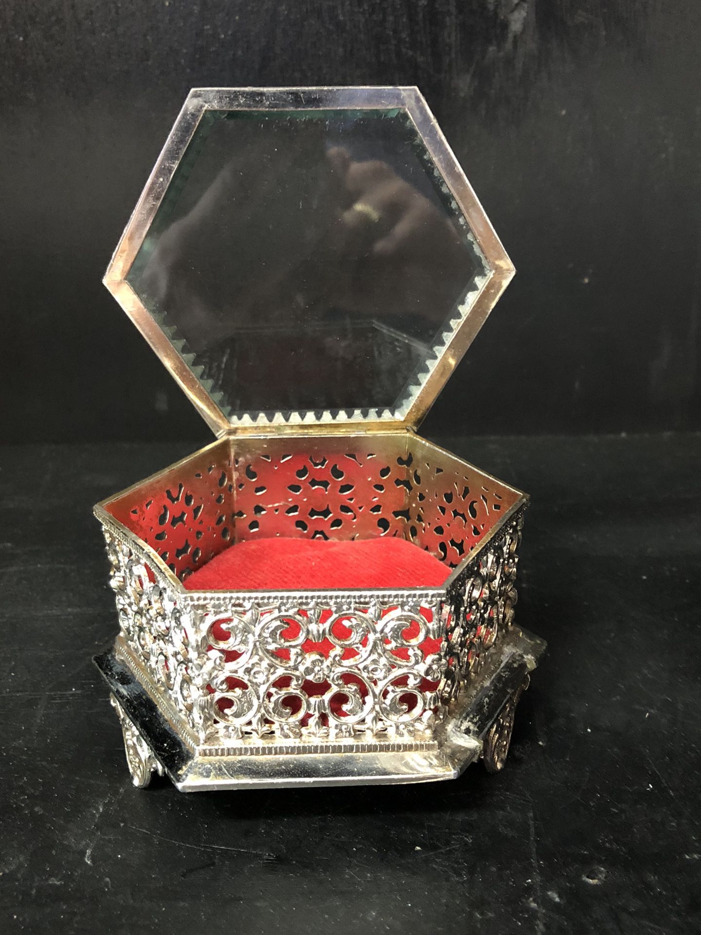 Jewelry/Trinket Filigree Metal And Glass Top From Japan 