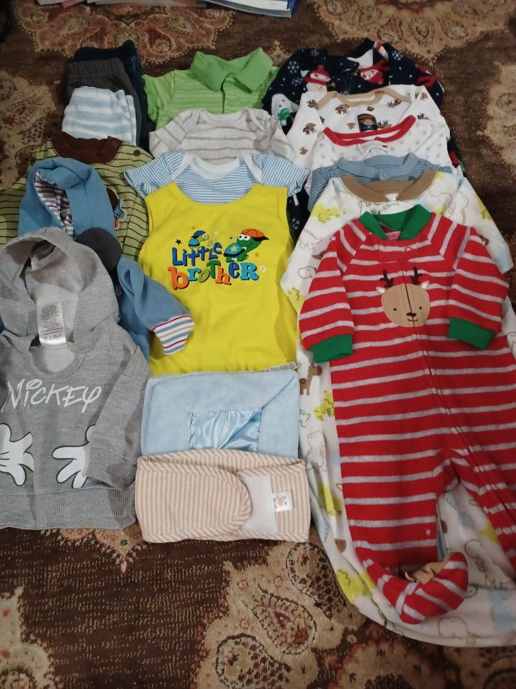 Very Nice Cute Baby Boys. Size Newborn- 6months. 16 Pieces Clothes Bundle & Baby Blanket