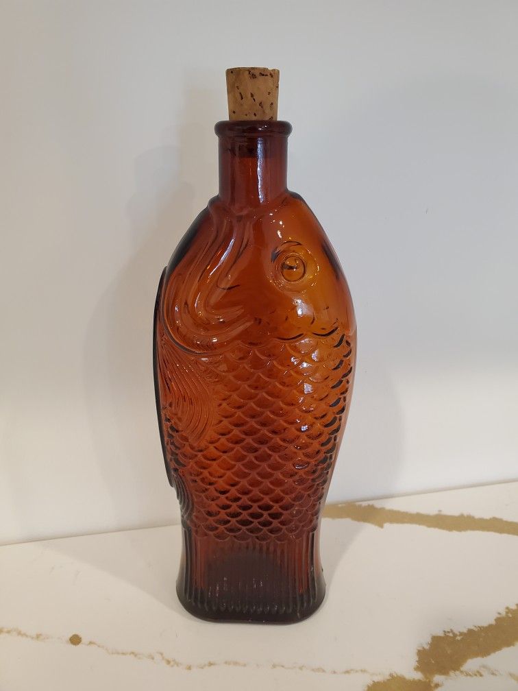 Antique Fairmount Fish Shaped Cod Liver Oil Bottle 10" Brown Amber Glass w/ Cork