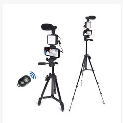Smartphone Video Kit, Vlogging Kit, Youtuber Kit, with Microphone Light Tripod 50" Extendable Phone Clip Remote Control Compatible with iPhone/Smartph