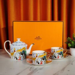 Hermès Paris Porcelain Tea Set with Whimsical Animal Motif – Teapot, Cups & Saucers in Gift Box