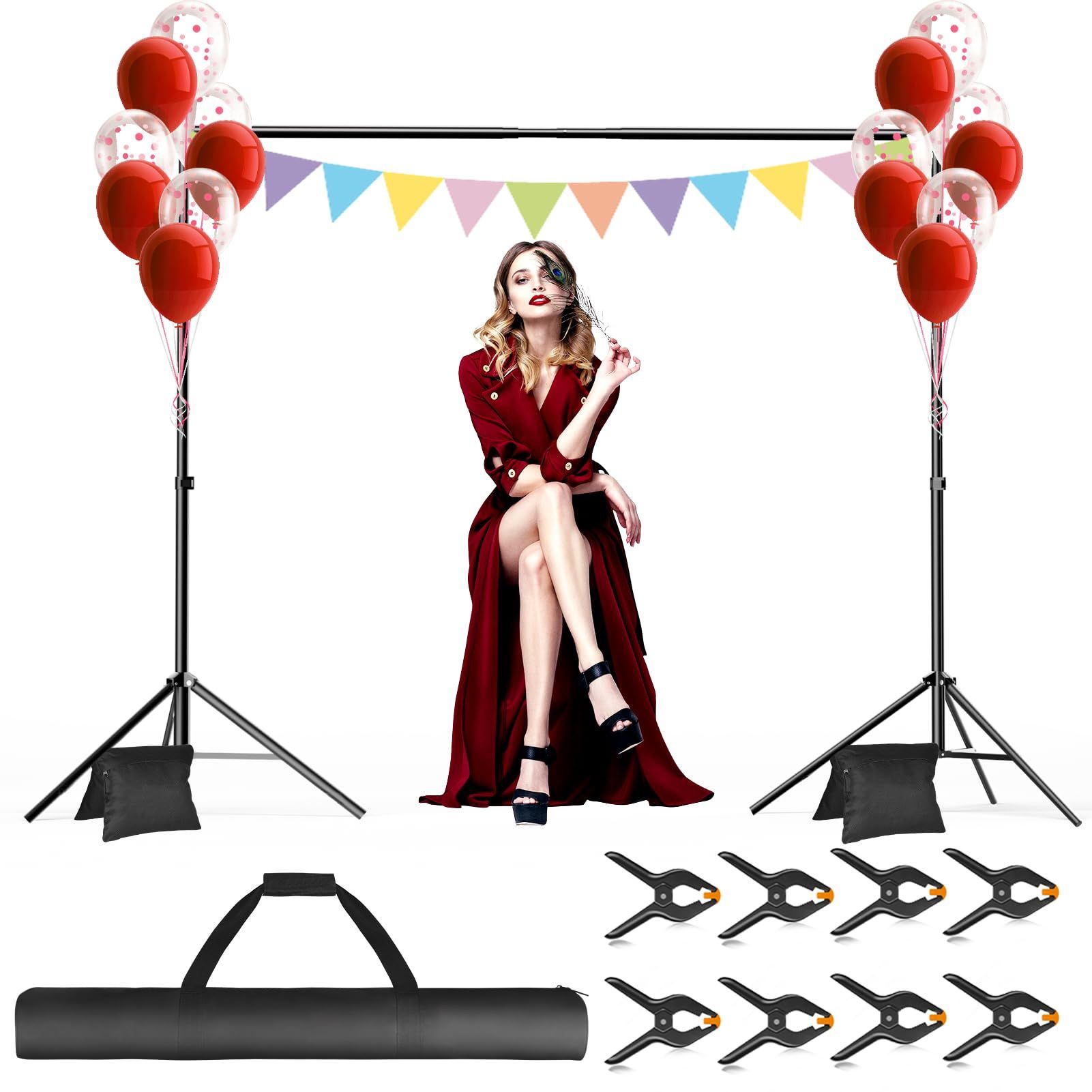 Backdrop Stand, 10x7ft(WxH) Photo Background Stand Adjustable Support Kit with 2 Crossbars, 8 Backdrop Clamps, 2 Sandbags and Carrying Bag for Parties
