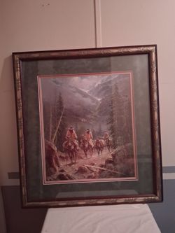 Vintage framed art print by artist G Harvey titled in the land of alpine lakes
