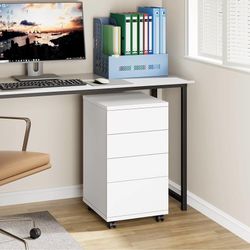 4-Drawer Chest, Wood Storage Cabinet with Wheels, Rolling Pedestal Under Desk Drawer for Home Office Legal/Letter/A4 Size White