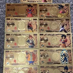 New 11 PCS Anime Dragon Ball Z Set Gold 24k Banknote Collectible Nippon Ginko, DBZ Carte Card