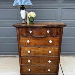 Vintage Oak Tall Dresser with 5 Drawers