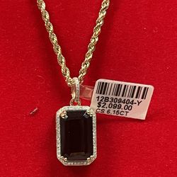 10K Solid Gold & Dimaond Black Onyx Pendat With Rooe Chain