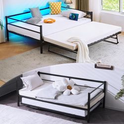VINGLI Twin Daybed with Pop-Up Trundle, LED Lights & Charging Station