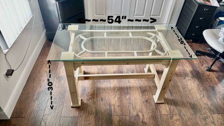 Wooden and glass desk/table size 54”x26”Hx30”