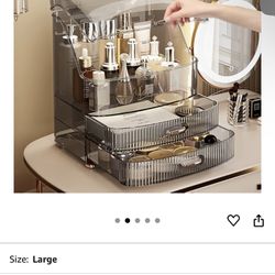 Makeup Organizer Countertop Vanity with Transparent Lid Drawers Waterproof Dustproof Cosmetic Skincare Bathroom Storage Gift for Women Teens Girls (Cl