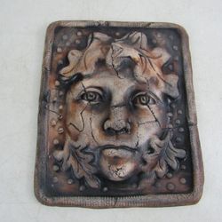 Roman/Greek? Greenman Hand Painted Pottery Sculpture Plaque


