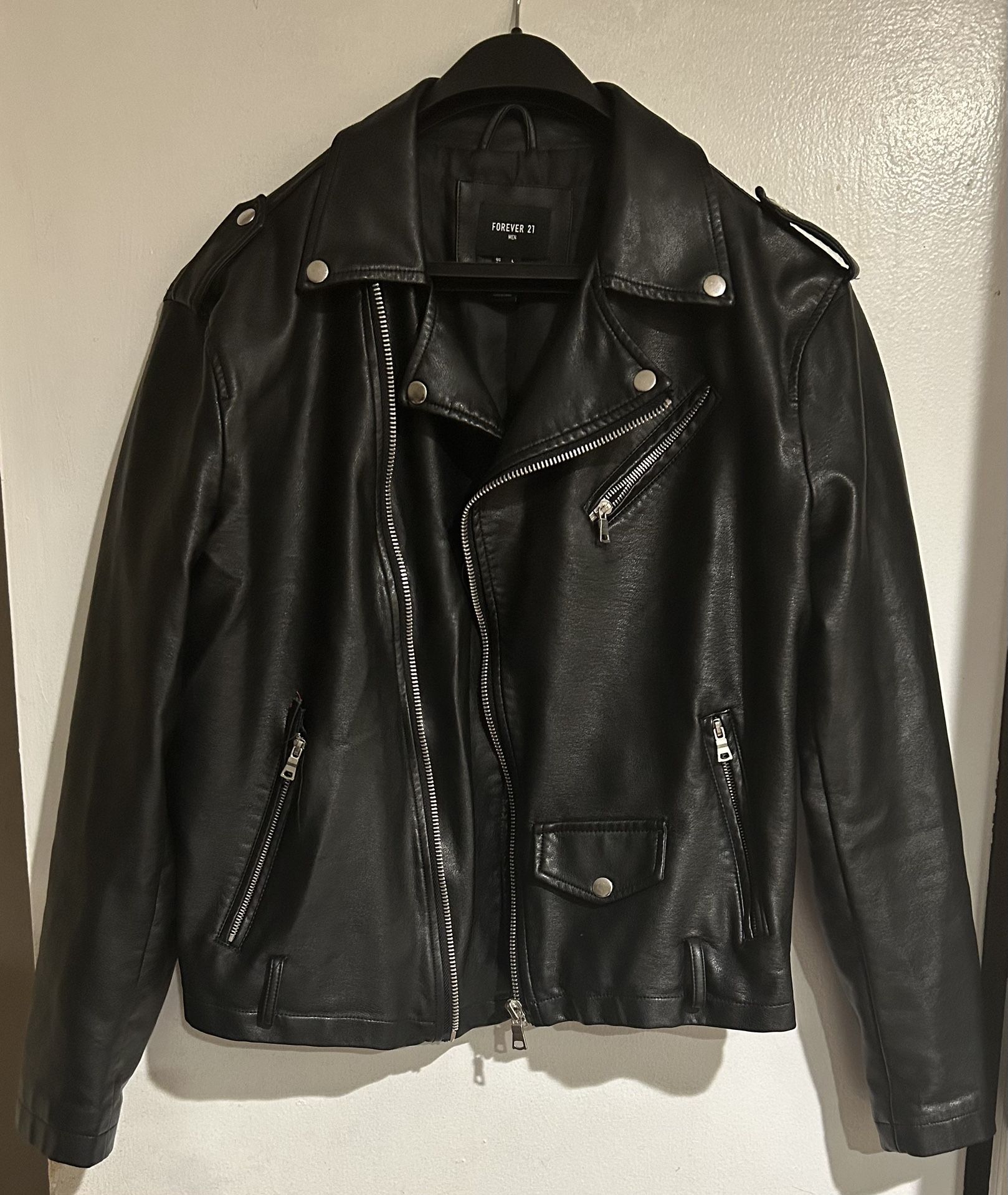 Leather Biker Jacket – Size L, Fit Small
