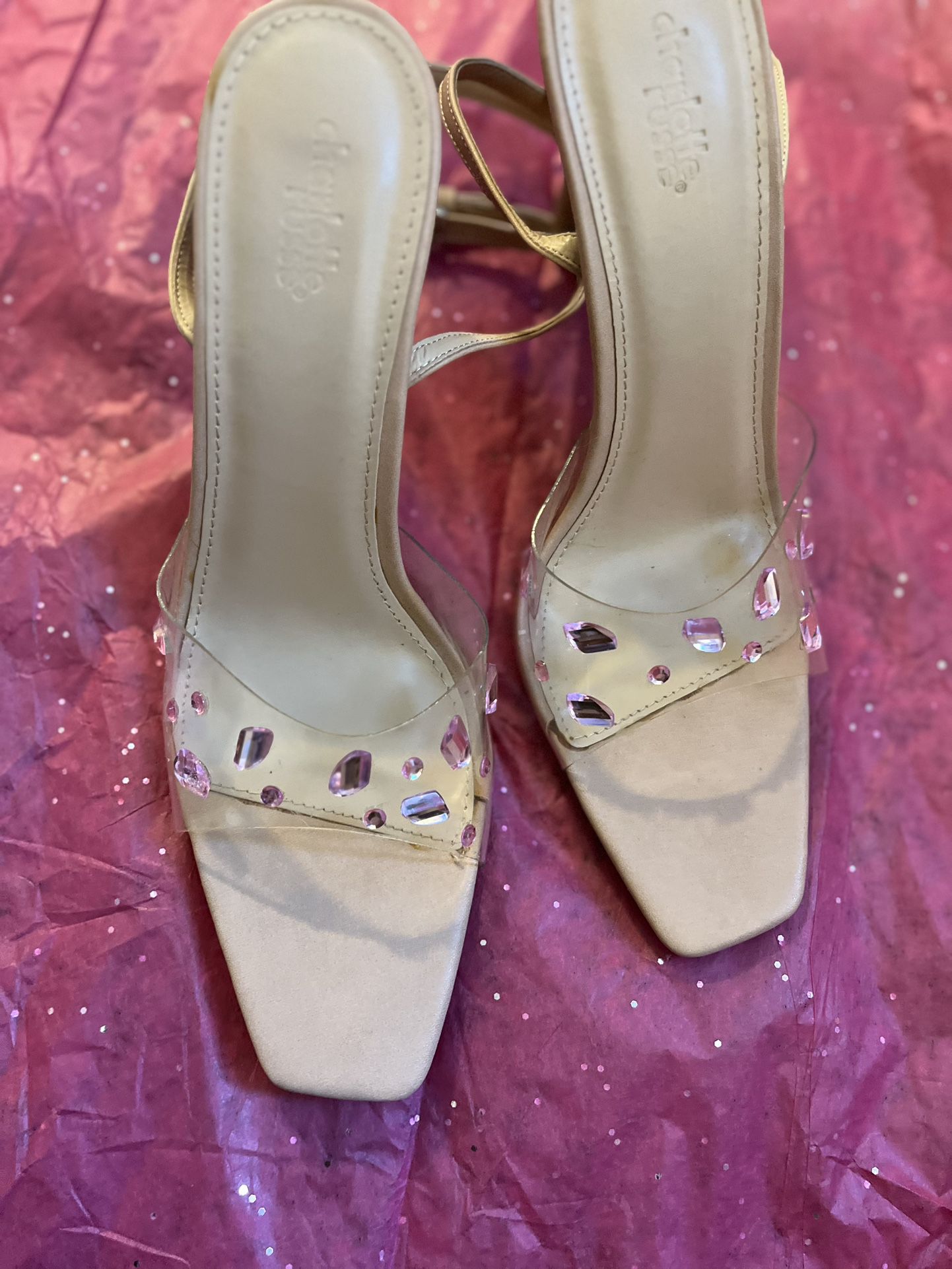 Clear Pink Rhinestone Ankle Heels Size 10 Brand new 
