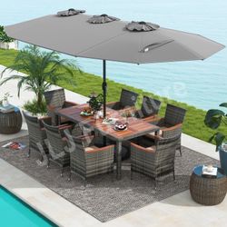 NEW Outdoor Patio Furniture Dining Set 10 Pc Wicker Acacia Wood Table With 15' Umbrella ASSEMBLED
