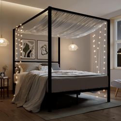 Queen Size Metal Canopy Bed Frame, Modern Four-Poster Platform Bed Frame, Mattress Foundation, Under-Bed Storage Space, No Box Spring Needed, Black