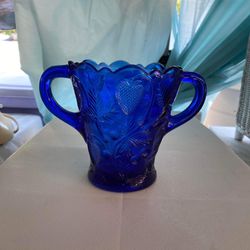 MOSSER Large Spooner Cobalt Blue Pressed Glass Inverted Strawberry Design 5"tall