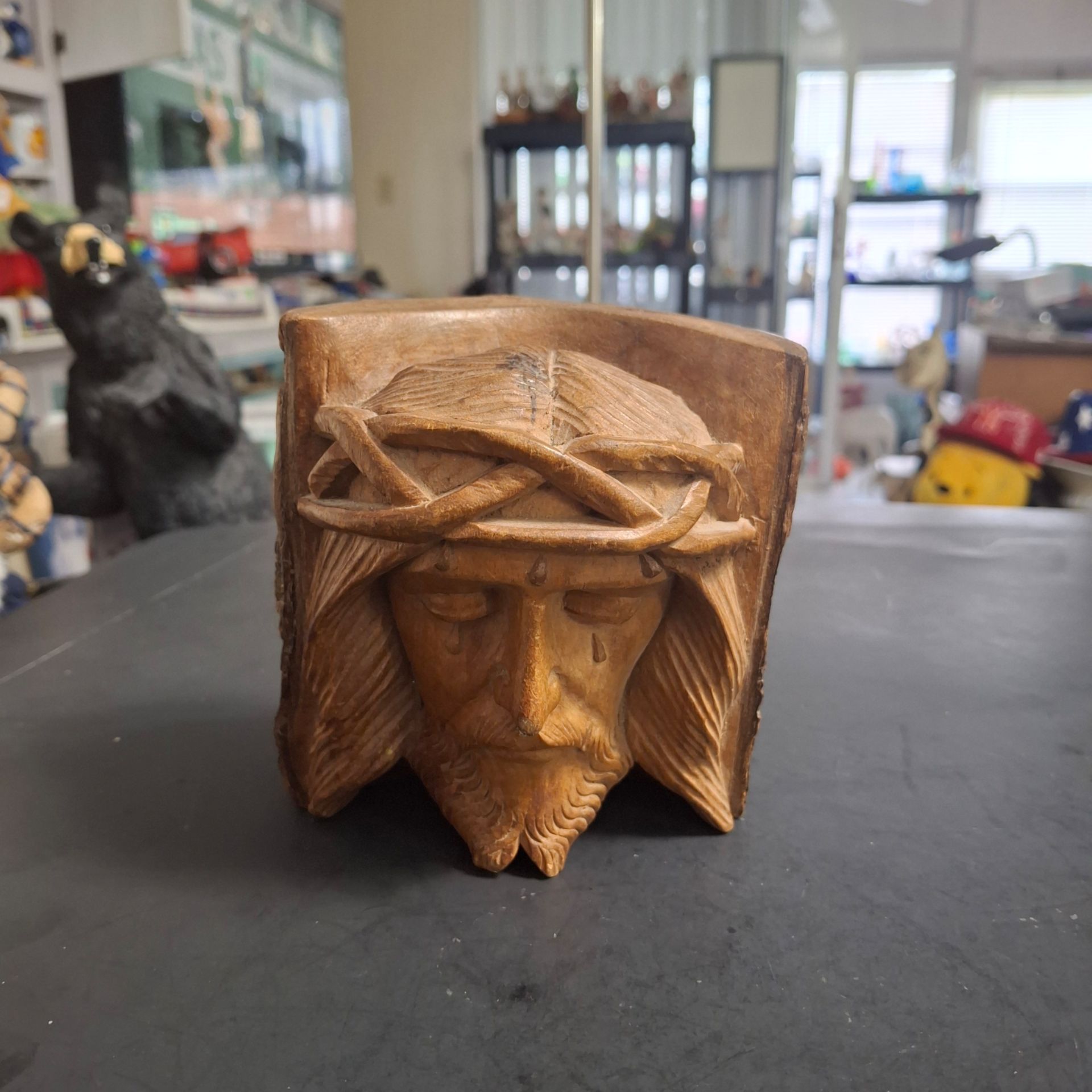 Hand Carved Olive Wood Sculpture Depicting The Weeping Face Of Jesus Christ W/The Crown Of Thorns 5"H x 4.5"W