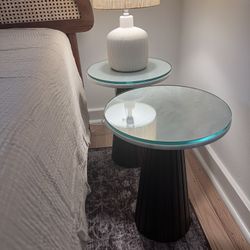 pair of walnut and marble end tables or nightstands w/glass tops